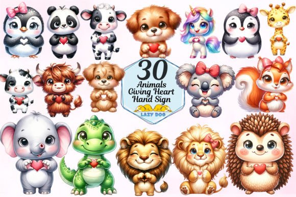 Charming Animal Illustrations: The Heart Hand Sign Bundle