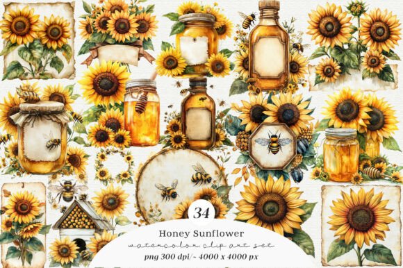 Charming Vintage Bee Honey Sunflower Label PNG for Your Projects