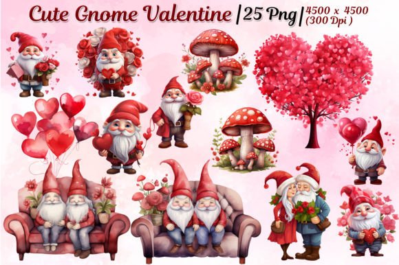 Cute Valentines Gnomes Sublimation Clipart: 25 PNGs for Creative Projects