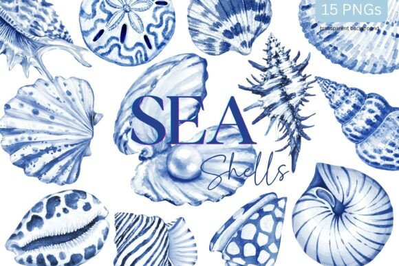 Elevate Nautical Design with Sea Shells Toile Blue Watercolor