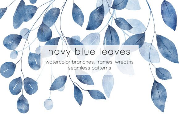 Navy Blue Leaves Watercolor Set: Elegant Botanical Design