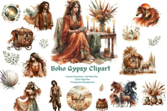 Whimsical Boho Gypsy Watercolor Clipart for Creative Designs